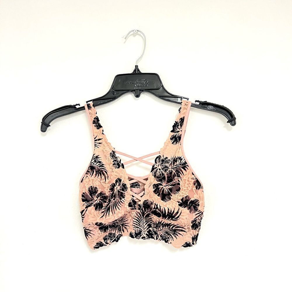 PINK Victoria's Secret Pink Floral Lace Bralette with Black Leaf Print